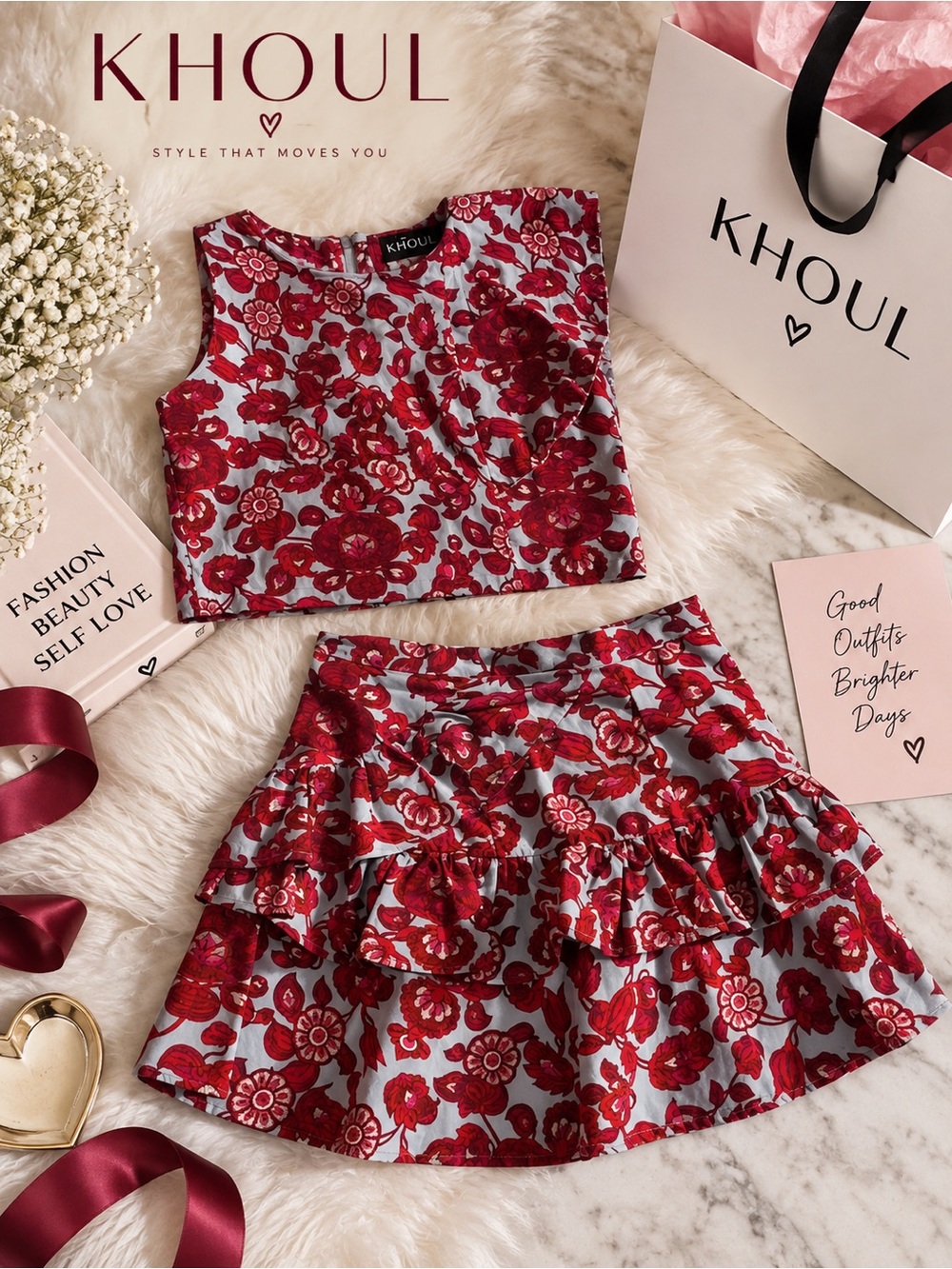 Women Red Floral Ruffle Skirt Set